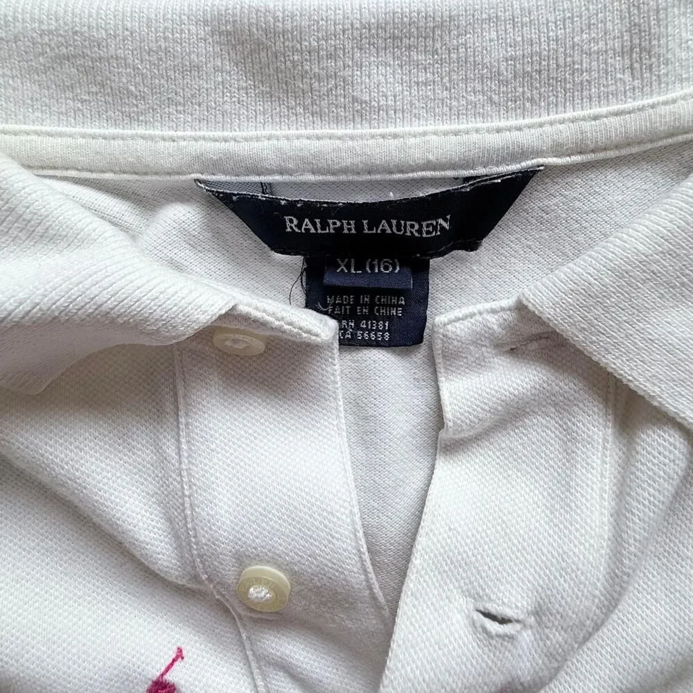 VTG 90’s Ralph Lauren Blue Tag Polo White Rainbow Embroidered Logo KIDS XL/16